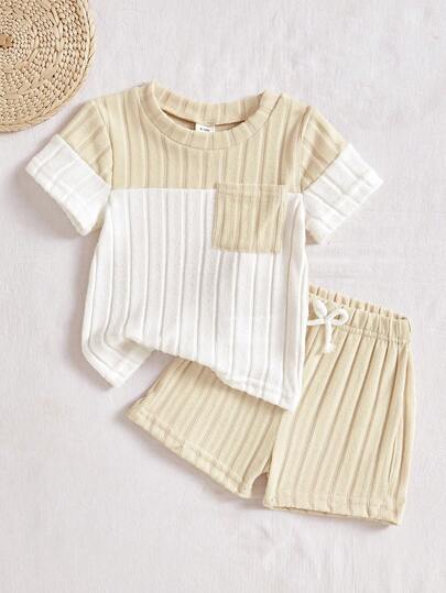 SHEIN Vintaside Kids مجموعة ملابس علوية ذو ألوان متباينة وبنطلون أزرق للأطفال/الأولاد الرضع، بدلة كاجوال مريحة متعددة الاستخدامات للصيف، قطعتان