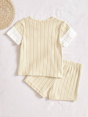 SHEIN Vintaside Kids مجموعة ملابس علوية ذو ألوان متباينة وبنطلون أزرق للأطفال/الأولاد الرضع، بدلة كاجوال مريحة متعددة الاستخدامات للصيف، قطعتان