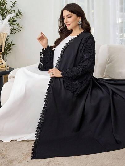 Al Najma عباية كارديجان نسائية كاجوال أنيقة مزينة بالدانتيل والتصميم المفتوح للمقاسات الكبيرة