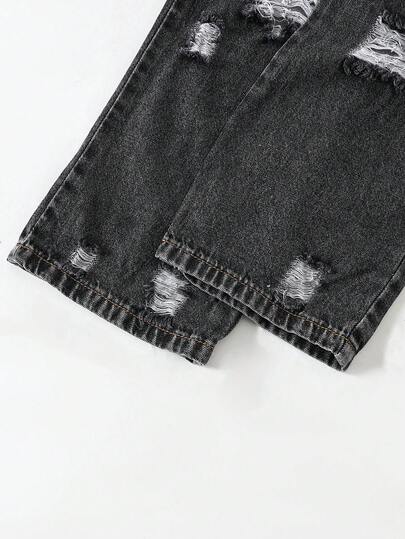 SHEIN Sparklyn بنطلون جينز واسع الساق مخرم بخصر مطاطي مناسب للبنات الصغيرات، مناسب للارتداء اليومي في الربيع والصيف والخريف والشتاء، للخروج والسفر والحفلات