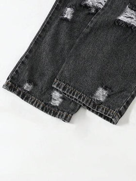 SHEIN Sparklyn بنطلون جينز واسع الساق مخرم بخصر مطاطي مناسب للبنات الصغيرات، مناسب للارتداء اليومي في الربيع والصيف والخريف والشتاء، للخروج والسفر والحفلات