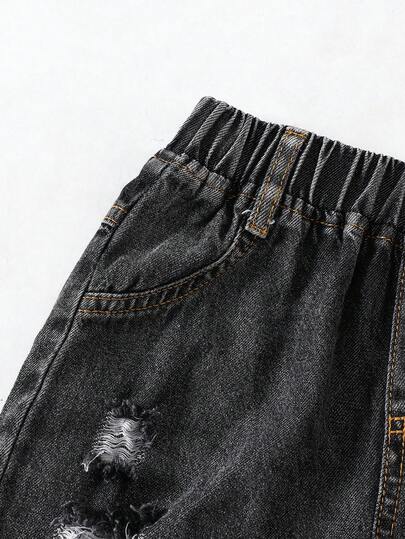 SHEIN Sparklyn بنطلون جينز واسع الساق مخرم بخصر مطاطي مناسب للبنات الصغيرات، مناسب للارتداء اليومي في الربيع والصيف والخريف والشتاء، للخروج والسفر والحفلات