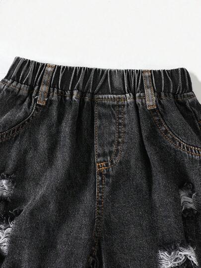 SHEIN Sparklyn بنطلون جينز واسع الساق مخرم بخصر مطاطي مناسب للبنات الصغيرات، مناسب للارتداء اليومي في الربيع والصيف والخريف والشتاء، للخروج والسفر والحفلات