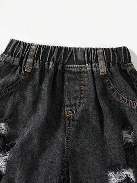 SHEIN Sparklyn بنطلون جينز واسع الساق مخرم بخصر مطاطي مناسب للبنات الصغيرات، مناسب للارتداء اليومي في الربيع والصيف والخريف والشتاء، للخروج والسفر والحفلات