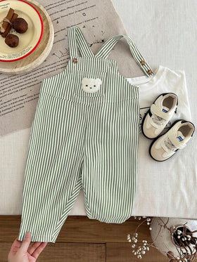 SHEIN طقم ملابس شتوية/خريفية للأطفال الرضع، بنطلون أوفرول، جمبسوت قفز، بنطلون قفز مزين بشريط أسود وأبيض مطرز بدب لطيف، مريح وعملي وأنيق وأساسي، مناسب للارتداء داخل المنزل والخارج والتزلج والاستخدام اليومي والرياضة والحفلات والمناسبات والهالوين والكريسماس