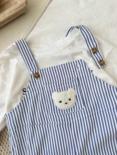 SHEIN طقم ملابس شتوية/خريفية للأطفال الرضع: جمبسوت إجمالية، بذلات قصيرة، بنطلون قفز مخطط باللونين الأسود والأبيض مطرز بدب لطيف، جمبسوت مريحة متعددة الاستخدامات وأنيقة بطراز أساسي كاجوال، مناسبة للارتداء داخل المنزل والخارج والتزلج والاستخدام اليومي والريا