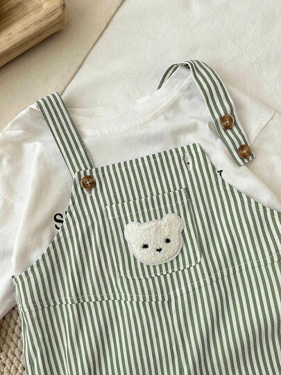 SHEIN طقم ملابس شتوية/خريفية للأطفال الرضع، بنطلون أوفرول، جمبسوت قفز، بنطلون قفز مزين بشريط أسود وأبيض مطرز بدب لطيف، مريح وعملي وأنيق وأساسي، مناسب للارتداء داخل المنزل والخارج والتزلج والاستخدام اليومي والرياضة والحفلات والمناسبات والهالوين والكريسماس