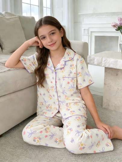 SHEIN مجموعة بنطلون وكارديجان بأكمام قصيرة مزخرفة بالأزهار والفيونكة، ملابس منزلية مريحة وفضفاضة، قطعتان