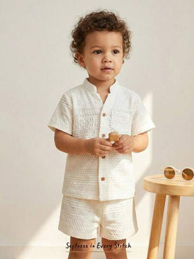 Cozy Pixies مجموعة قميص وشورت قصير الأكمام للأطفال الرضع الصبيان، لون سادة، طوق منقلب، خصر مطاطي، مجموعة صيفية للأطفال الرضع، ملابس صيفية للأطفال الرضع الصبيان، مجموعة كتان للأطفال الرضع محايدة، ملابس أطفال رضع محايدة فينتاج، قميص أزرار للأطفال الرضع
