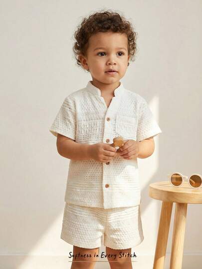 Cozy Pixies مجموعة قميص وشورت قصير الأكمام للأطفال الرضع الصبيان، لون سادة، طوق منقلب، خصر مطاطي، مجموعة صيفية للأطفال الرضع، ملابس صيفية للأطفال الرضع الصبيان، مجموعة كتان للأطفال الرضع محايدة، ملابس أطفال رضع محايدة فينتاج، قميص أزرار للأطفال الرضع