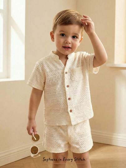 Cozy Pixies مجموعة قميص وشورت قصير الأكمام للأطفال الرضع الصبيان، لون سادة، طوق منقلب، خصر مطاطي، مجموعة صيفية للأطفال الرضع، ملابس صيفية للأطفال الرضع الصبيان، مجموعة كتان للأطفال الرضع محايدة، ملابس أطفال رضع محايدة فينتاج، قميص أزرار للأطفال الرضع