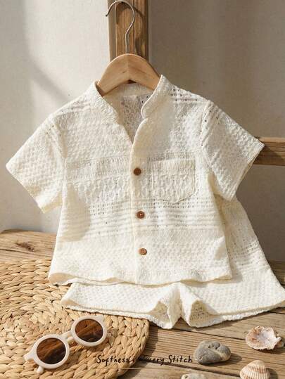 Cozy Pixies مجموعة قميص وشورت قصير الأكمام للأطفال الرضع الصبيان، لون سادة، طوق منقلب، خصر مطاطي، مجموعة صيفية للأطفال الرضع، ملابس صيفية للأطفال الرضع الصبيان، مجموعة كتان للأطفال الرضع محايدة، ملابس أطفال رضع محايدة فينتاج، قميص أزرار للأطفال الرضع