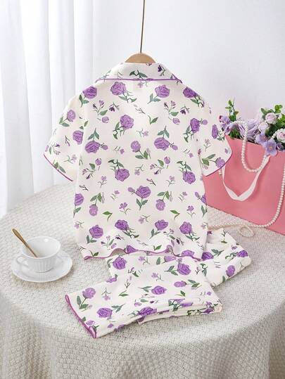 SHEIN بنطلون مع كارديجان كم قصير مطبوع بالزهور مع ياقة للبنات، طقم ملابس منزلية فضفاضة مريحة مكون من قطعتين
