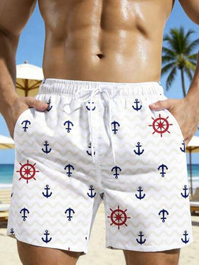 Manfinity Swimmode شورت كاجوال للرجال بخصر رباط وجيوب مائلة بطباعة شعار المرساة