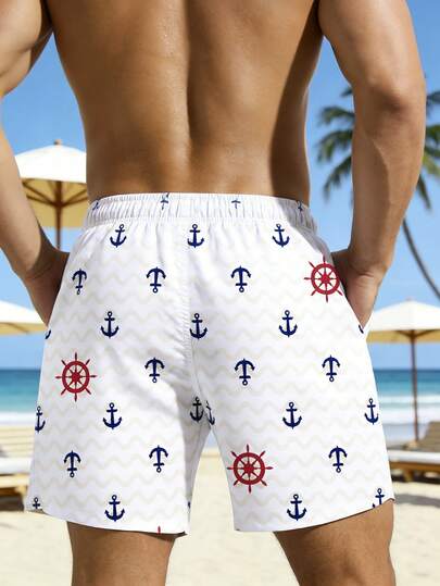 Manfinity Swimmode شورت كاجوال للرجال بخصر رباط وجيوب مائلة بطباعة شعار المرساة