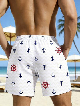 Manfinity Swimmode شورت كاجوال للرجال بخصر رباط وجيوب مائلة بطباعة شعار المرساة