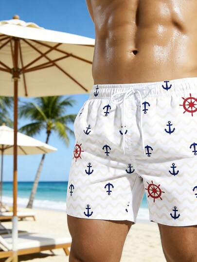 Manfinity Swimmode شورت كاجوال للرجال بخصر رباط وجيوب مائلة بطباعة شعار المرساة