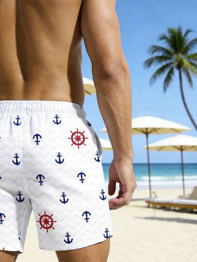 Manfinity Swimmode شورت كاجوال للرجال بخصر رباط وجيوب مائلة بطباعة شعار المرساة