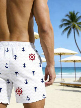 Manfinity Swimmode شورت كاجوال للرجال بخصر رباط وجيوب مائلة بطباعة شعار المرساة
