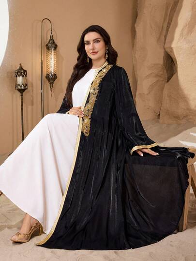 SHEIN Najma عباية نسائية أنيقة بأكمام طويلة مطرزة بالترتر والرقع على الطراز الشرق أوسطي، مناسبة للمقاسات الكبيرة