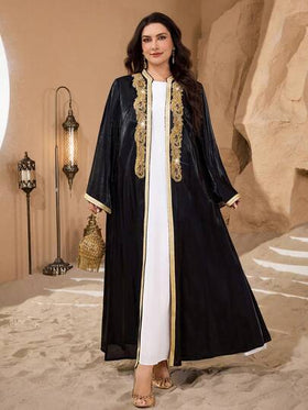 SHEIN Najma عباية نسائية أنيقة بأكمام طويلة مطرزة بالترتر والرقع على الطراز الشرق أوسطي، مناسبة للمقاسات الكبيرة