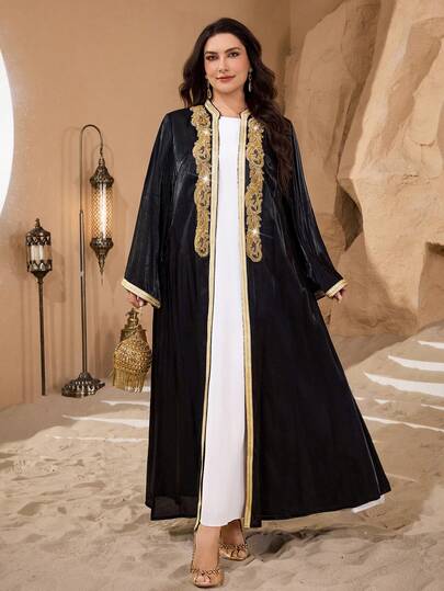 SHEIN Najma عباية نسائية أنيقة بأكمام طويلة مطرزة بالترتر والرقع على الطراز الشرق أوسطي، مناسبة للمقاسات الكبيرة