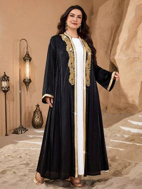 SHEIN Najma عباية نسائية أنيقة بأكمام طويلة مطرزة بالترتر والرقع على الطراز الشرق أوسطي، مناسبة للمقاسات الكبيرة