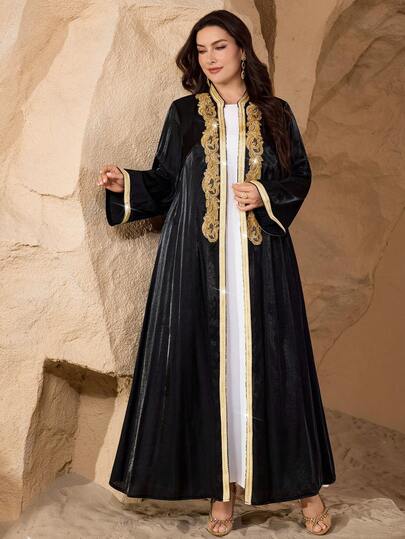 SHEIN Najma عباية نسائية أنيقة بأكمام طويلة مطرزة بالترتر والرقع على الطراز الشرق أوسطي، مناسبة للمقاسات الكبيرة