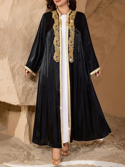SHEIN Najma عباية نسائية أنيقة بأكمام طويلة مطرزة بالترتر والرقع على الطراز الشرق أوسطي، مناسبة للمقاسات الكبيرة