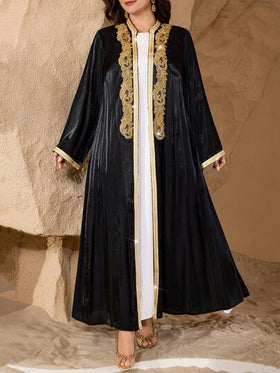 SHEIN Najma عباية نسائية أنيقة بأكمام طويلة مطرزة بالترتر والرقع على الطراز الشرق أوسطي، مناسبة للمقاسات الكبيرة