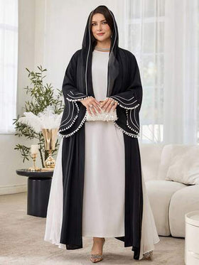 Al Najma عباية أنيقة بتصميم لحمة مع أكمام واسعة وكرات صوفية للنساء ذوات الأحجام الكبيرة