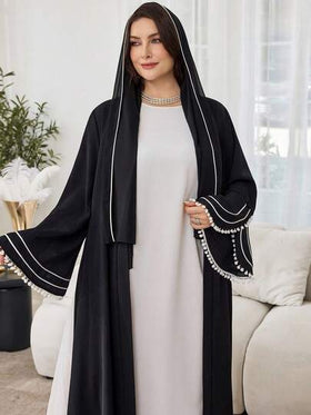 Al Najma عباية أنيقة بتصميم لحمة مع أكمام واسعة وكرات صوفية للنساء ذوات الأحجام الكبيرة