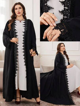Al Najma رمضان عباءة كاجوال بأكمام طويلة مع تطريز دانتيل مناسبة للمقاسات الكبيرة، مناسبة للارتداء اليومي في الربيع والخريف