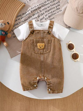 SHEIN Playful Pals رومبير صيفية عادية للأطفال الرضع مطرزة بالدب مع جيب