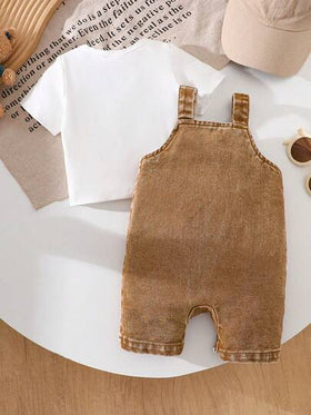 SHEIN Playful Pals رومبير صيفية عادية للأطفال الرضع مطرزة بالدب مع جيب