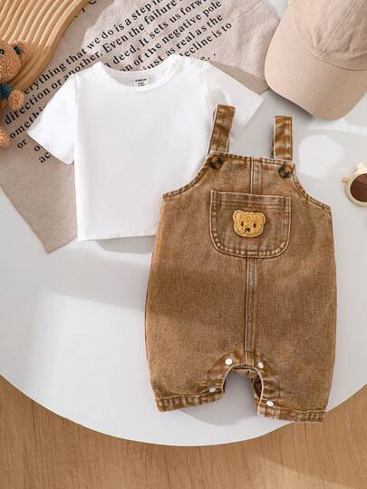 SHEIN Playful Pals رومبير صيفية عادية للأطفال الرضع مطرزة بالدب مع جيب