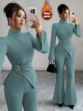 Elenzga طقم ملابس علوية وبنطلون قطعتين من النساء، بياقة عالية مرنة مبطنة بالفرو، بأكمام واسعة وزخرفة معدنية غير متماثلة، مناسب للارتداء اليومي، أنيق وشبابي، للخريف/الشتاء
