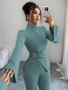 Elenzga طقم ملابس علوية وبنطلون قطعتين من النساء، بياقة عالية مرنة مبطنة بالفرو، بأكمام واسعة وزخرفة معدنية غير متماثلة، مناسب للارتداء اليومي، أنيق وشبابي، للخريف/الشتاء