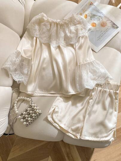 Elladie kids مجموعة ملابس علوية كاجوال مع أكمام مزينة بالدانتيل وشورت كاجوال بلون واحد للفتيات المراهقات 2 قطعة