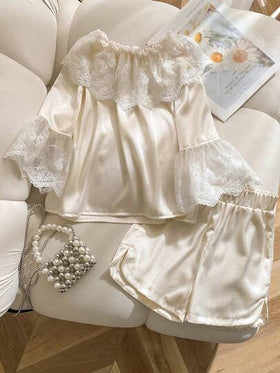 Elladie kids مجموعة ملابس علوية كاجوال مع أكمام مزينة بالدانتيل وشورت كاجوال بلون واحد للفتيات المراهقات 2 قطعة