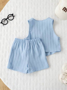 SHEIN مجموعة بدلة أزرق للأطفال الصبيان للربيع/الصيف، تتكون من جاكيت صدرية مخططة باللون الأزرق وبنطلون قصير، بدلة أنيقة مناسبة للعطلات والمناسبات والأعراس وحفلات استقبال المواليد والمعمودية وعيد الميلاد الأول، مناسبة للضيوف والصبي الحامل للخاتم