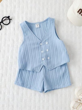 SHEIN مجموعة بدلة أزرق للأطفال الصبيان للربيع/الصيف، تتكون من جاكيت صدرية مخططة باللون الأزرق وبنطلون قصير، بدلة أنيقة مناسبة للعطلات والمناسبات والأعراس وحفلات استقبال المواليد والمعمودية وعيد الميلاد الأول، مناسبة للضيوف والصبي الحامل للخاتم