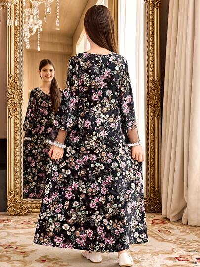 SHEIN فستان بنات المراهقات بياقة على شكل حرف V وأكمام ناقصة مع قطع شبكية وخصر مخصر وتنورة على شكل حرف A