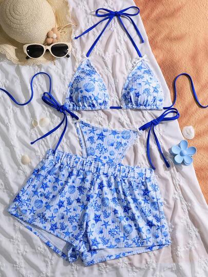 Swim Mod مجموعة بيكيني مربوطة جديدة للصيف للنساء للشاطئ والعطلات، بقطعتين وغطاء، بدلة سباحة مكونة من 3 قطع، جميلة وحلوة بطبعات نجوم البحر والخطوط، طبعات حياة البحر، مزينة بفيونكة، مجموعة تانكيني ذات ظهر مفتوح وجذاب