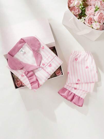 SHEIN Vintaside Kids مجموعة بنطلون وكارديجان بأكمام طويلة مطبوعة بخطوط وقلوب للفتيات الصغيرات، ملابس منزلية مريحة وكاجوال، قطعتان