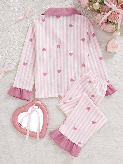 SHEIN Vintaside Kids مجموعة بنطلون وكارديجان بأكمام طويلة مطبوعة بخطوط وقلوب للفتيات الصغيرات، ملابس منزلية مريحة وكاجوال، قطعتان