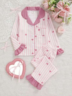 SHEIN Vintaside Kids مجموعة بنطلون وكارديجان بأكمام طويلة مطبوعة بخطوط وقلوب للفتيات الصغيرات، ملابس منزلية مريحة وكاجوال، قطعتان