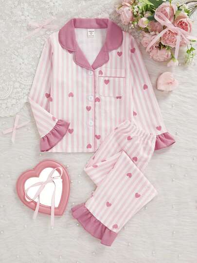 SHEIN Vintaside Kids مجموعة بنطلون وكارديجان بأكمام طويلة مطبوعة بخطوط وقلوب للفتيات الصغيرات، ملابس منزلية مريحة وكاجوال، قطعتان