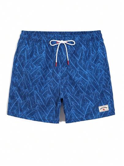 Manfinity Swimmode شورت شاطئ مطبوع بالكامل مع خصر رباط للرجال في الصيف