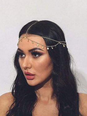 سلسلة رأس ذهبية مرصعة بالترتر بطراز بوهيمي، إكسسوار شعر لعروس الزفاف، ديكور للمهرجانات، مجوهرات للرأس